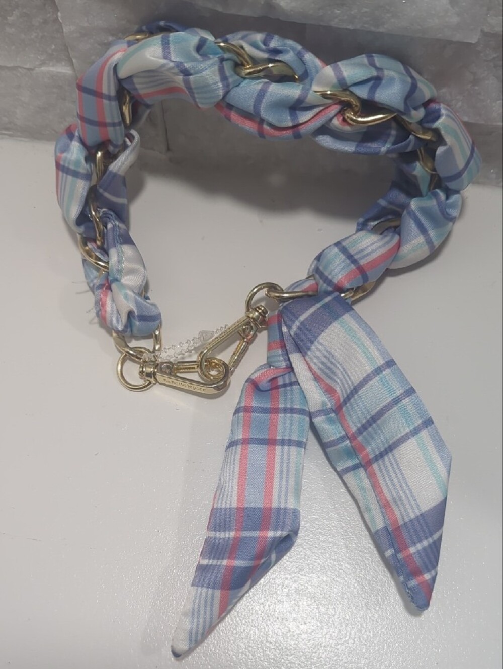 Nanette Lepore Blue Pink Plaid Chain Handle Scarf